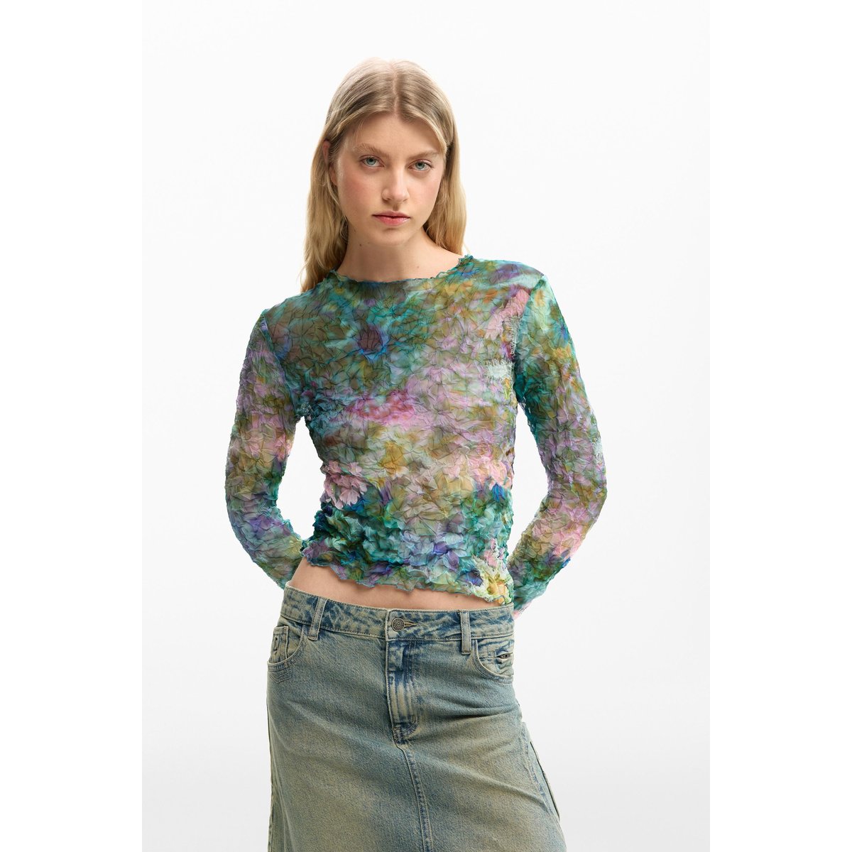 Blouse texture fleurs bleu, DESIGUAL