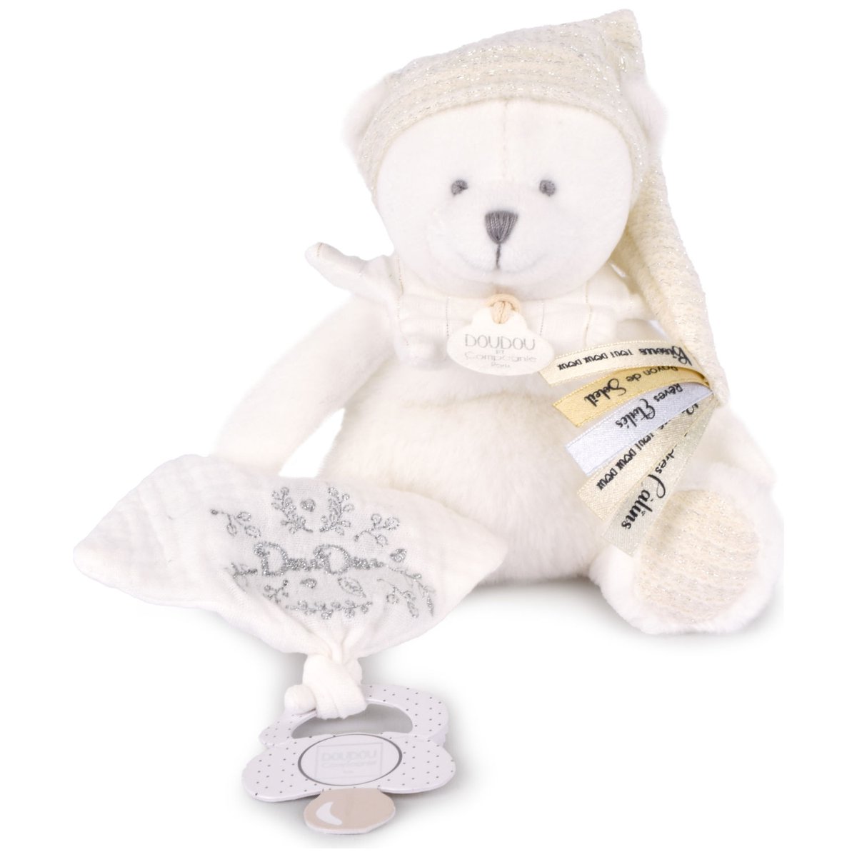 Peluche attache-sucette blanc, DOUDOU ET COMPAGNIE