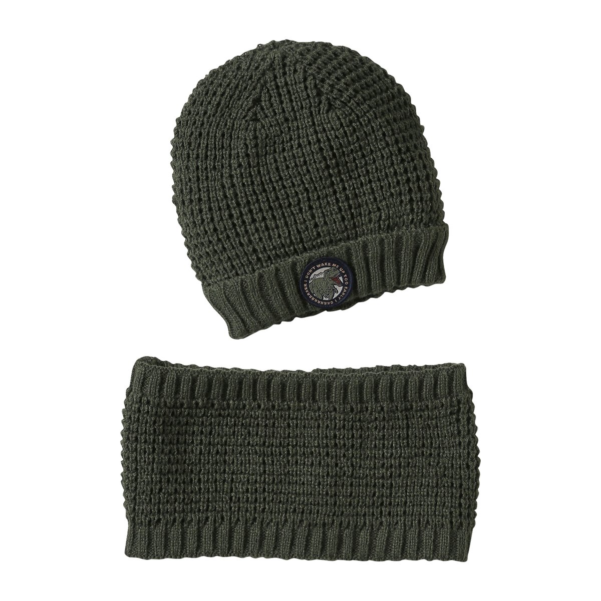 Ensemble bonnet badge dinosaure + snood kaki, VERTBAUDET