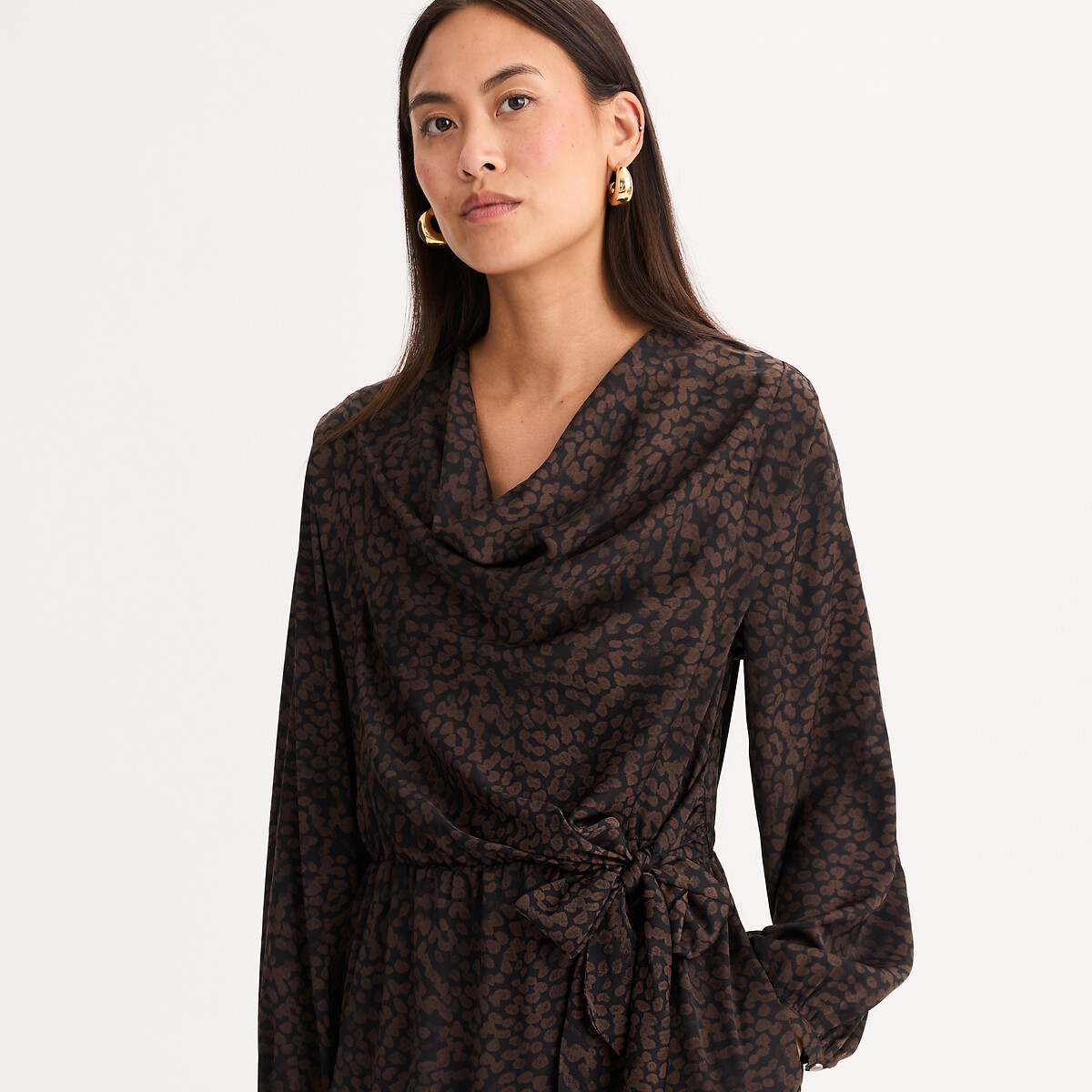 Robe fluide longueur midi, manches longues, imprimée imprimé animalier, ANNE WEYBURN