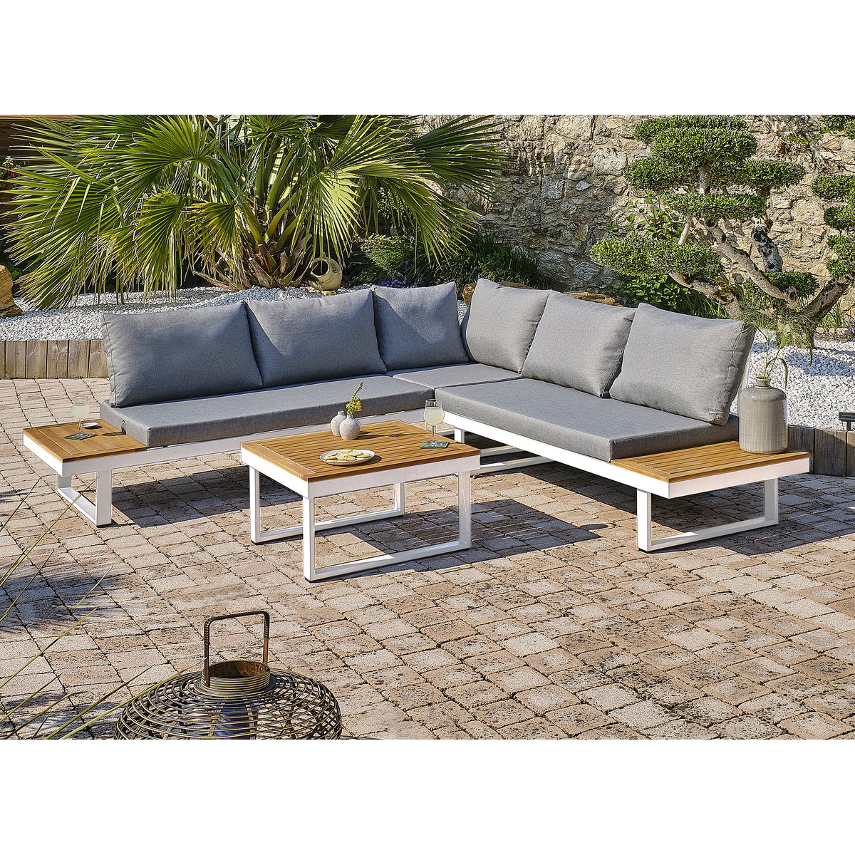 Salon de jardin 5 places bois d' et aluminium MIYAKO blanc, DCB GARDEN