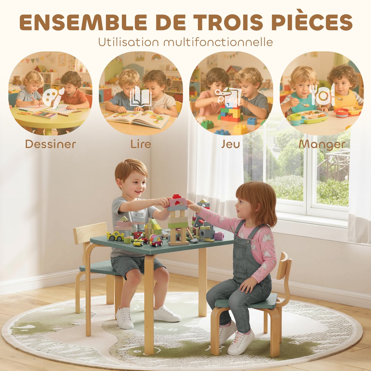 Ensemble table et chaises pour enfants Bois vert et bois naturel, AIYAPLAY