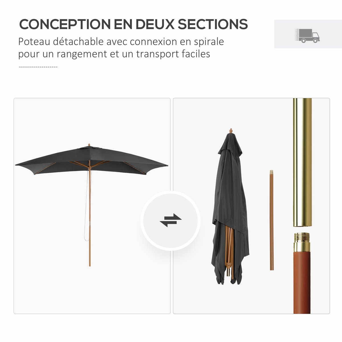 Parasol de terrasse Bois Gris foncé anthracite, OUTSUNNY