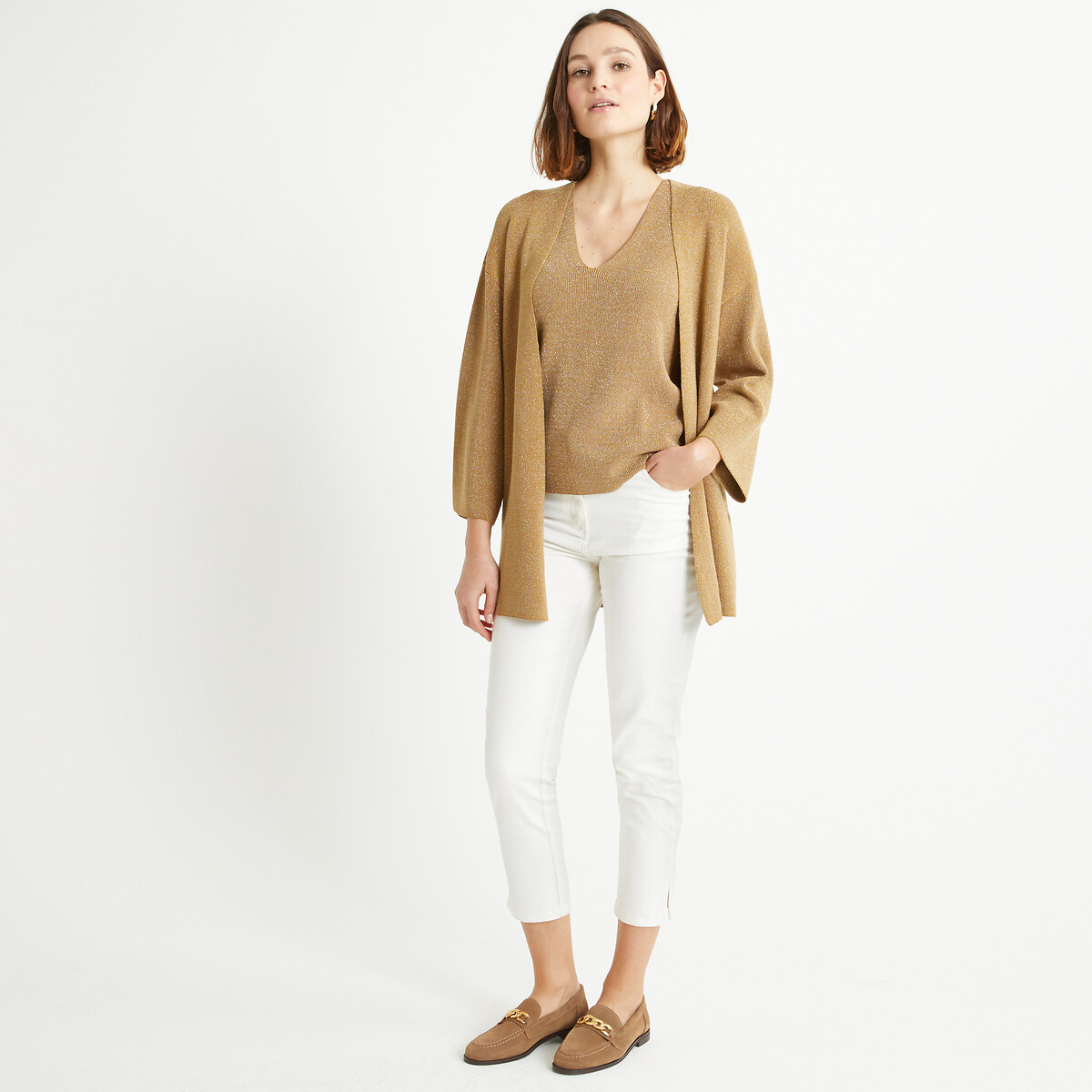 T-shirt met V-hals zonder mouwen beige pailletten, ANNE WEYBURN
