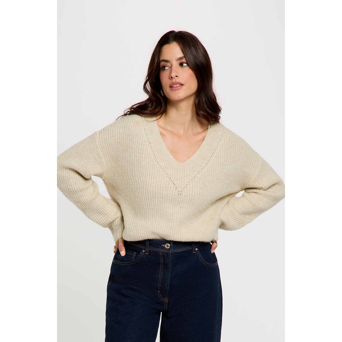 Pull col v manches longues beige, MORGAN