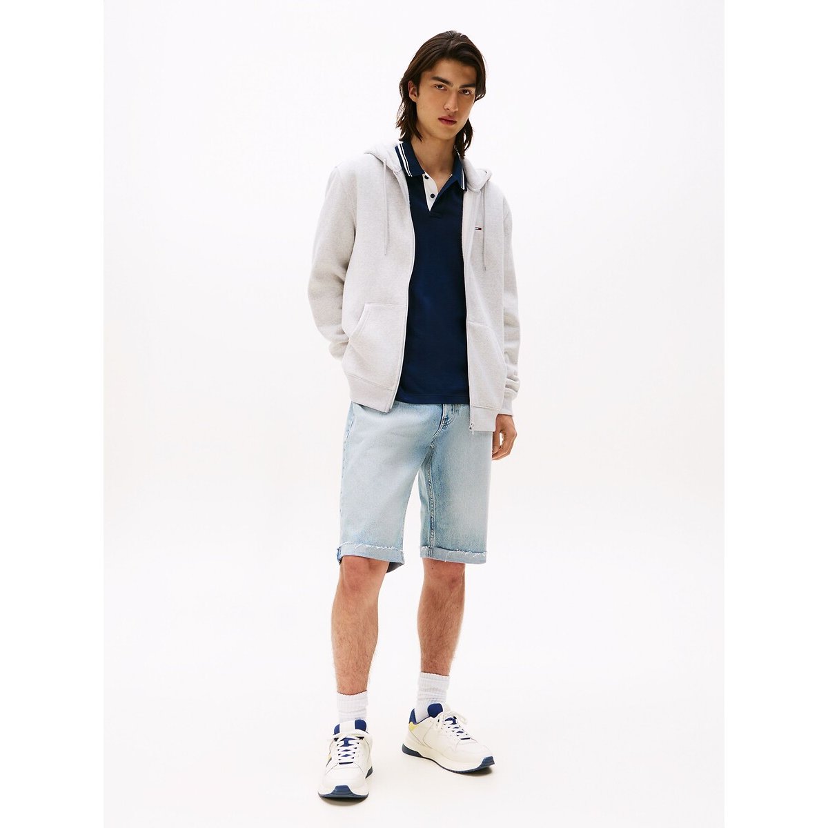 Sweat à capuche zippé en molleton brossé gris clair, TOMMY JEANS