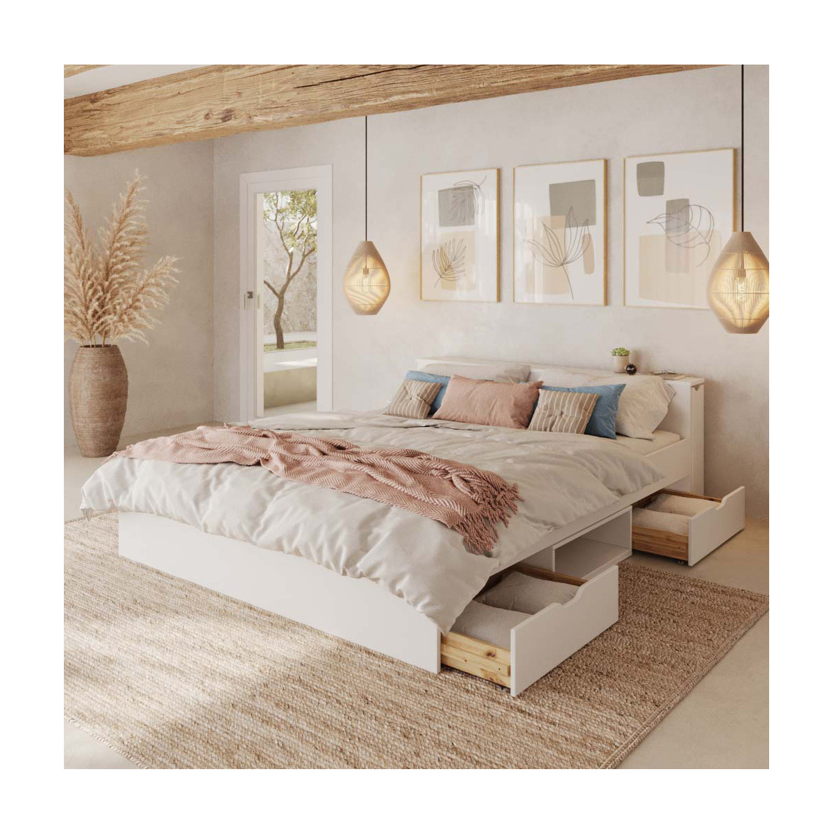 Pack lit avec 2 tiroirs et matelas Bois massif  JUDY blanc, AKITEN RETAIL