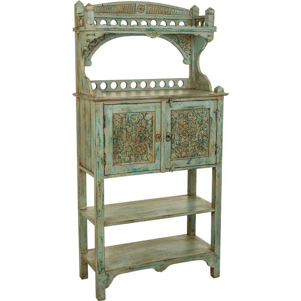 Buffet en manguier sculpté, 2 Portes bleu patiné bois de manguier, RECOLLECTION