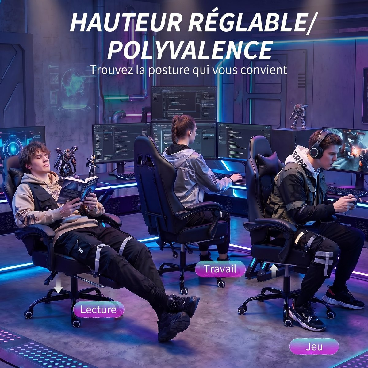 Fauteuil gaming Revêtement synthétique et noir, HOMCOM