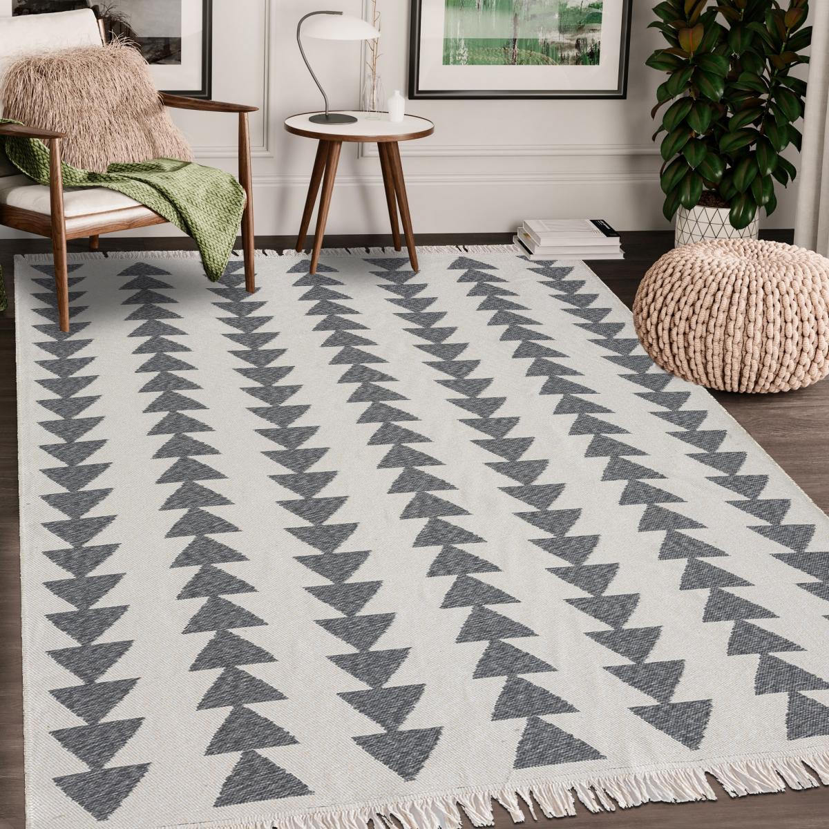 Tapis kilim reversible en coton motif scandinave BE écru, gris, UN AMOUR DE TAPIS