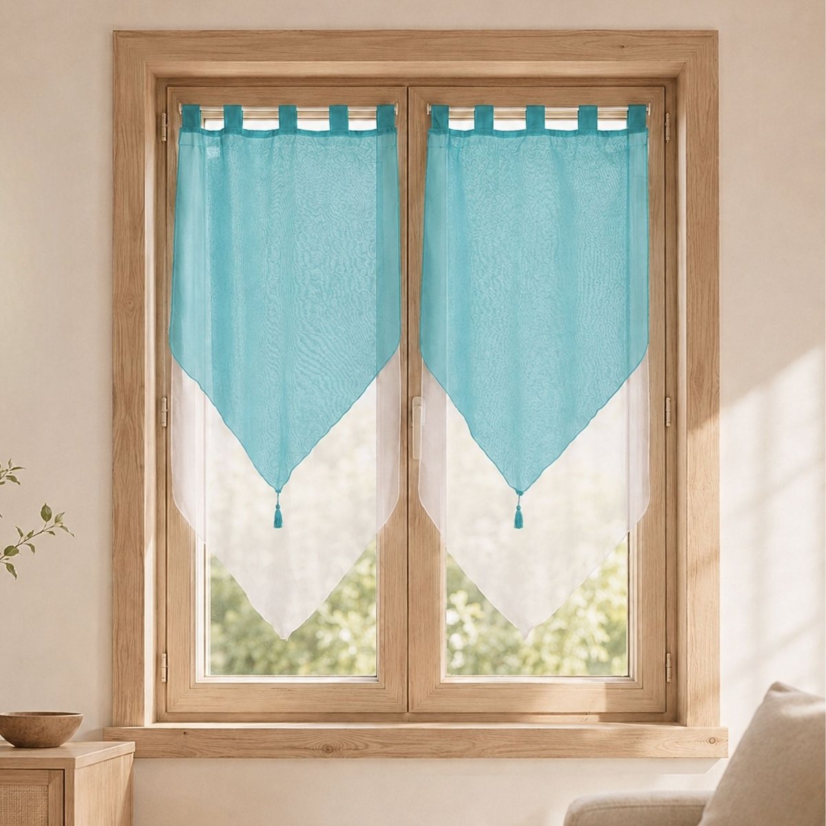 Paire de petits voilages bicolores à pompon bleu, HOME MAISON
