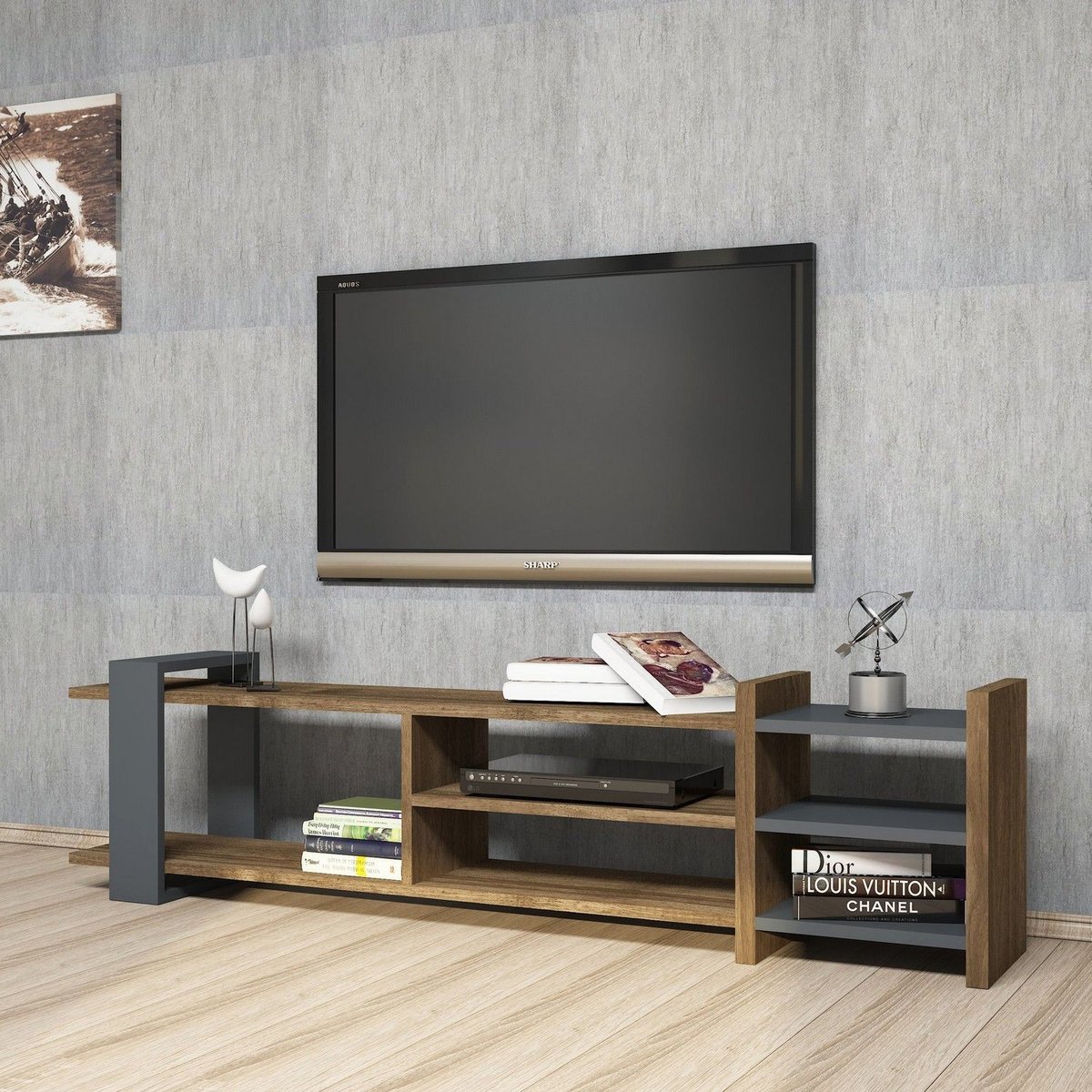 Meuble TV 3 niveaux design industriel ZEYNA gris foncé, TOILINUX