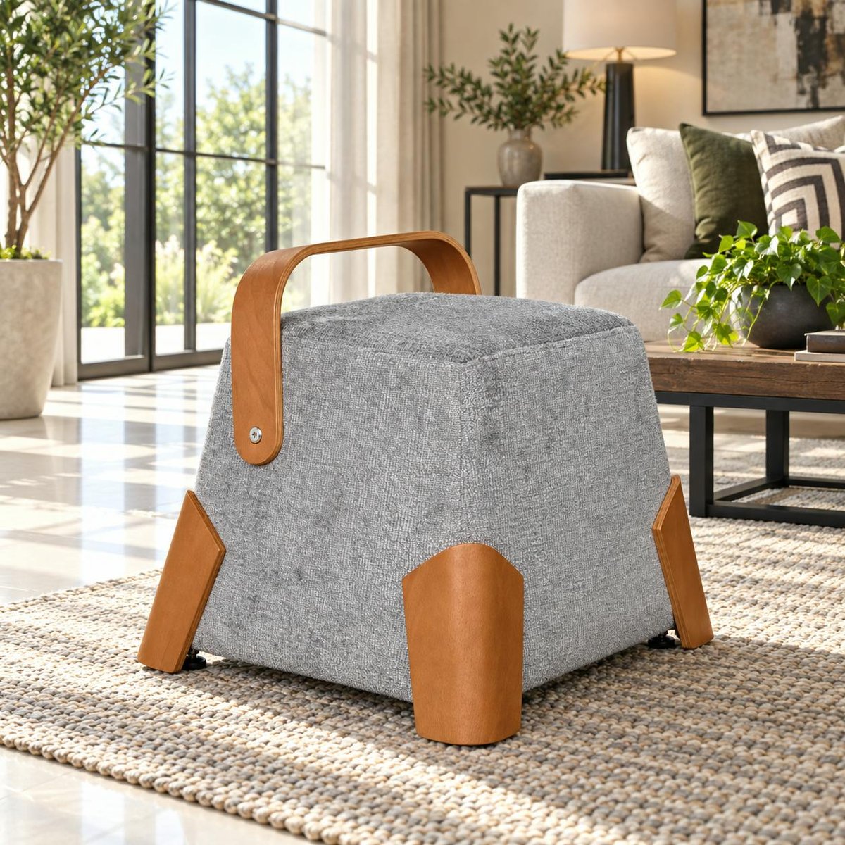 Pouf en tissu avec poignée IENA gris, PIER IMPORT