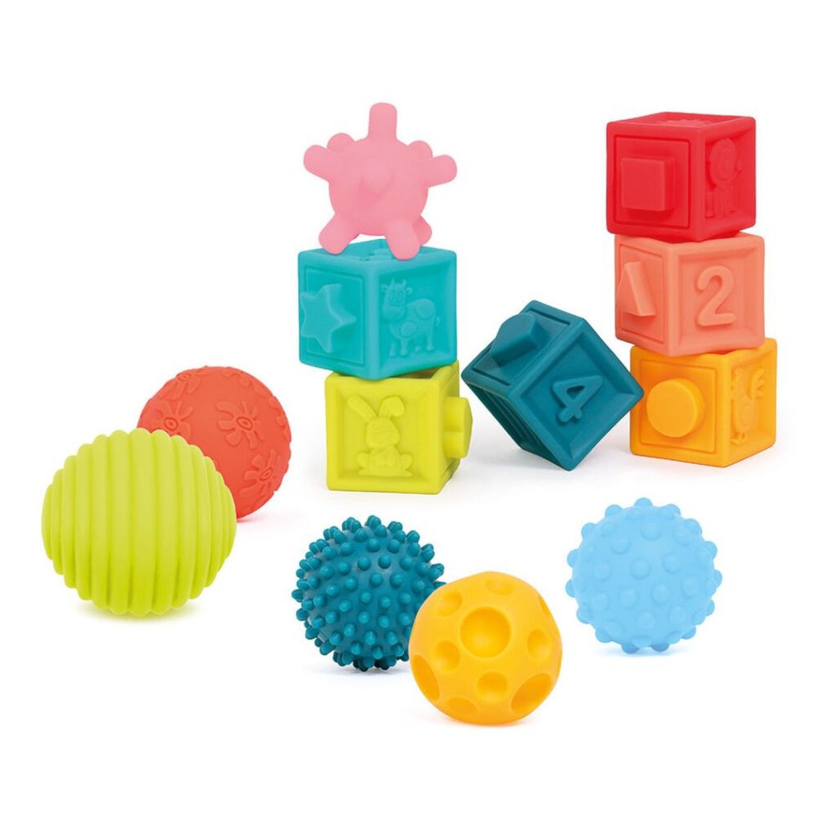 Coffret d'éveil sensoriel 6 balles et 6 cubes souples couleur unique, LUDIMOUSSE