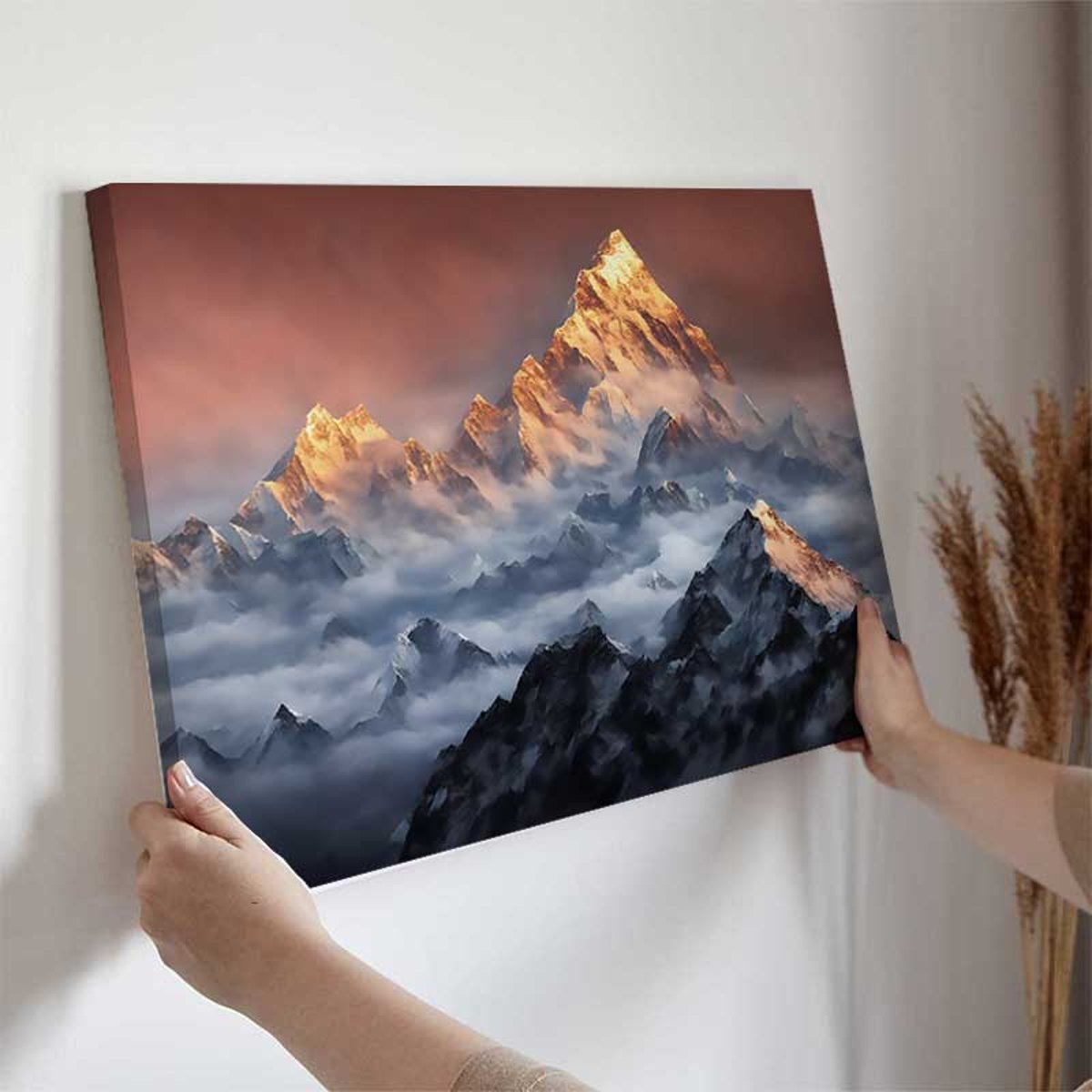 Tableau montagnes enneigées minimalistes fond blanc toile imprimée, HEXOA