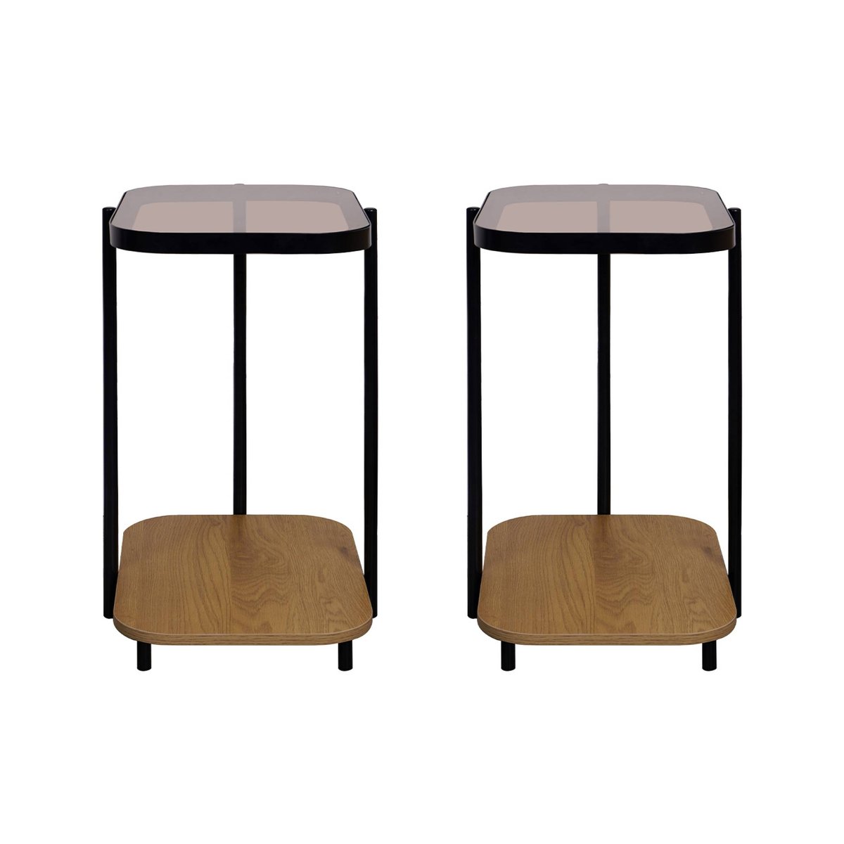 Bouts de canapé, sellette vintage métal et décor bois plateaux en verre (lot de 2) SMOOKY naturel, SWEEEK