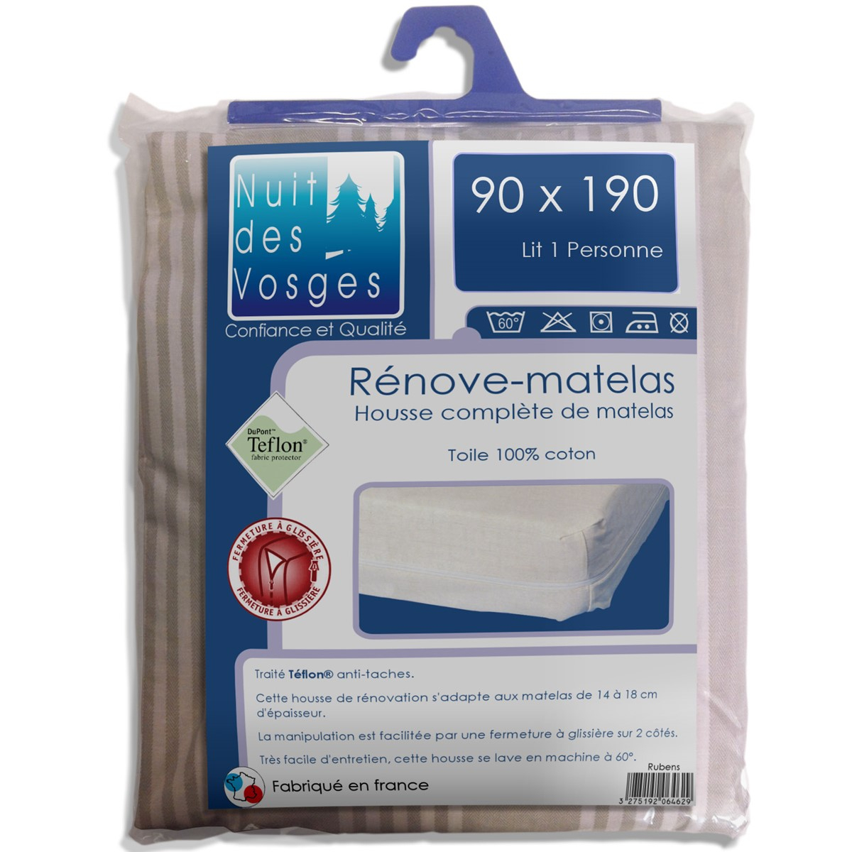 Housse zippée - Rénove-Matelas beige/blanc, TRADITION DES VOSGES