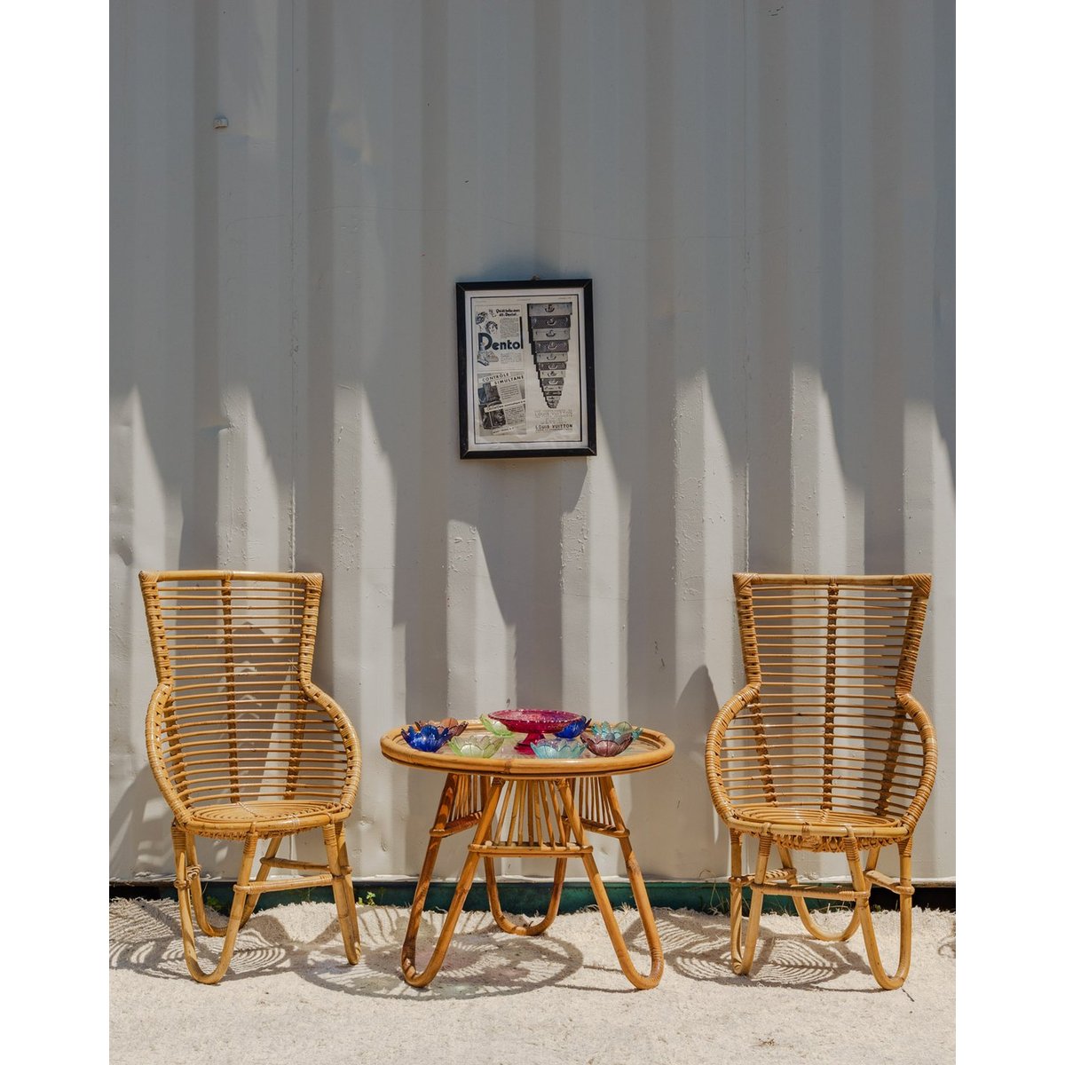 Ensemble de table et fauteuils en rotin Ange N°24 - Bon état bois clair, DEBONGOUT