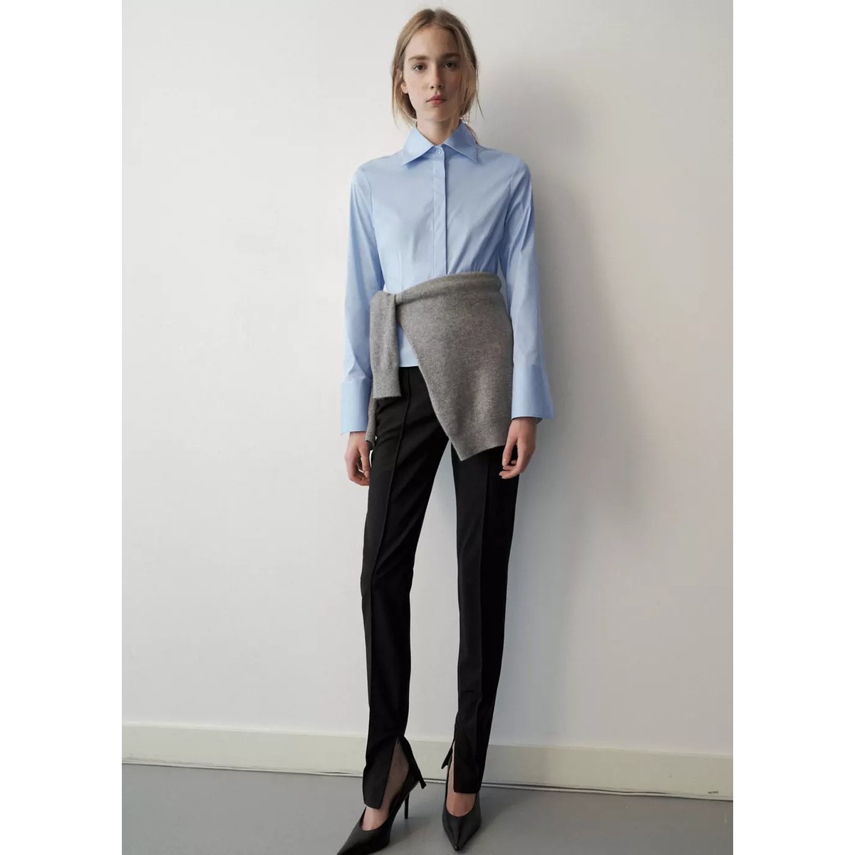 Chemise popeline courte bleu ciel, MANGO