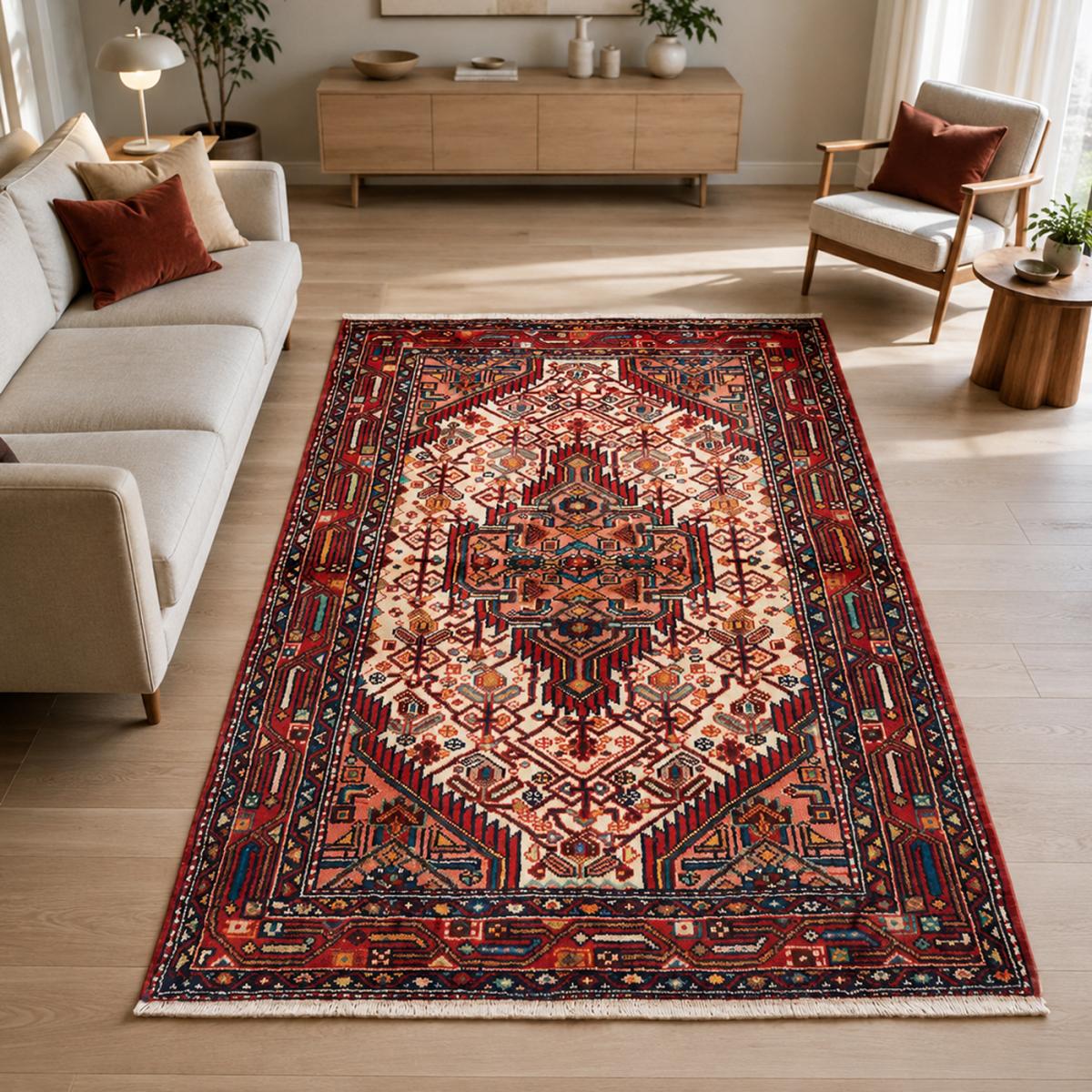 Tapis d'orient au motif oriental, noué main, HAMADAN 15 rouge, bleu, crème, UN AMOUR DE TAPIS