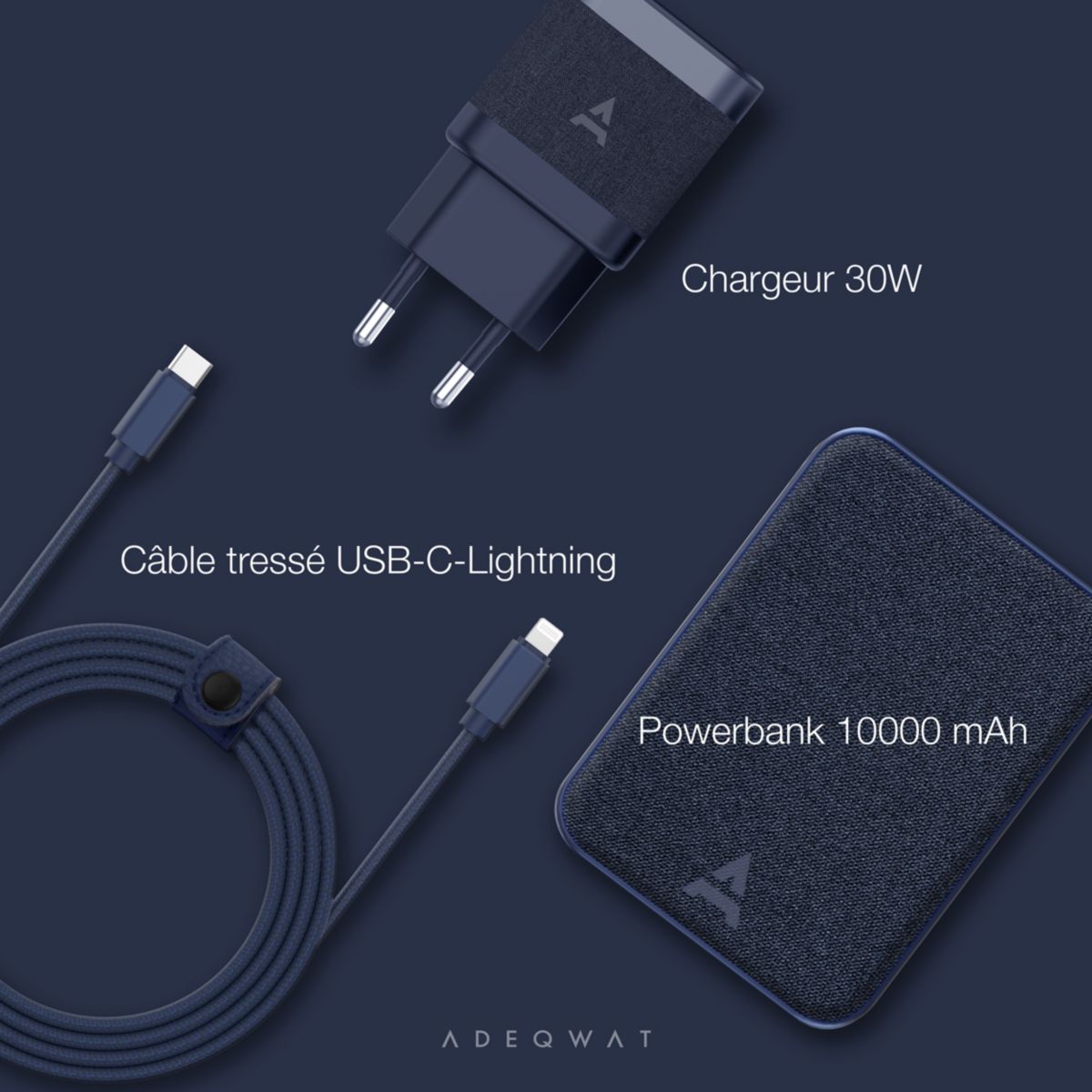Pack Powerbank + chargeur 30W+USB-C-Lightning couleur unique, ADEQWAT