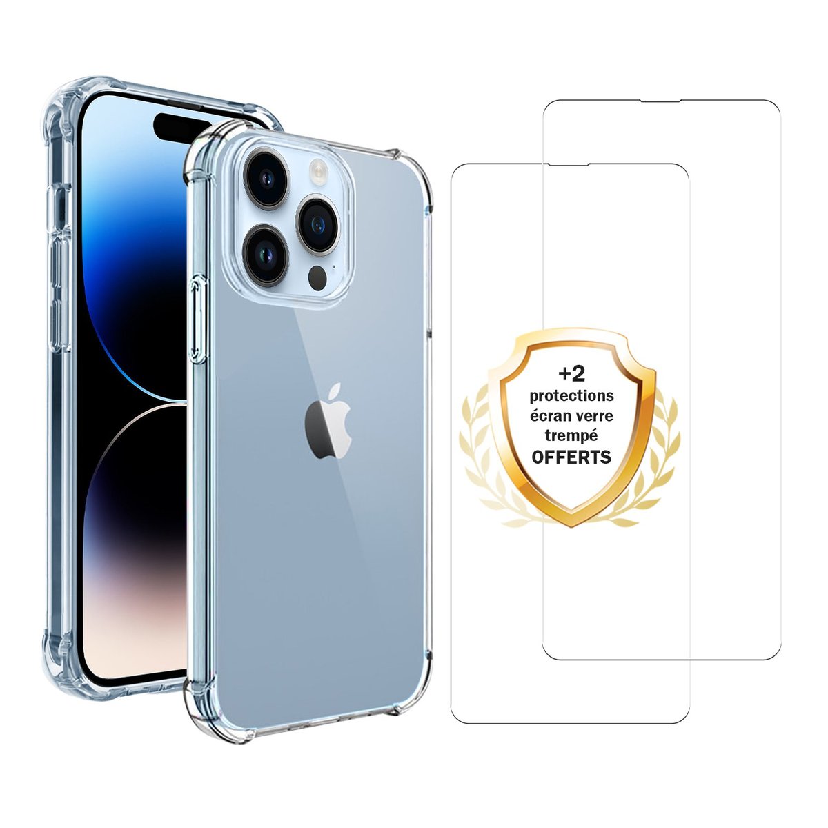 Coque iPhone 14 Pro Max antichoc + 2 vitres transparent, EVETANE