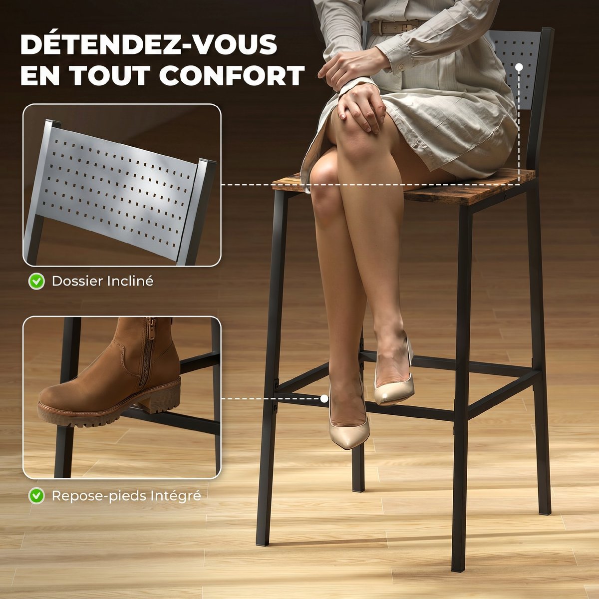 Tabouret de bar Métal Brun Rustique brun rustique et noir, HOMCOM