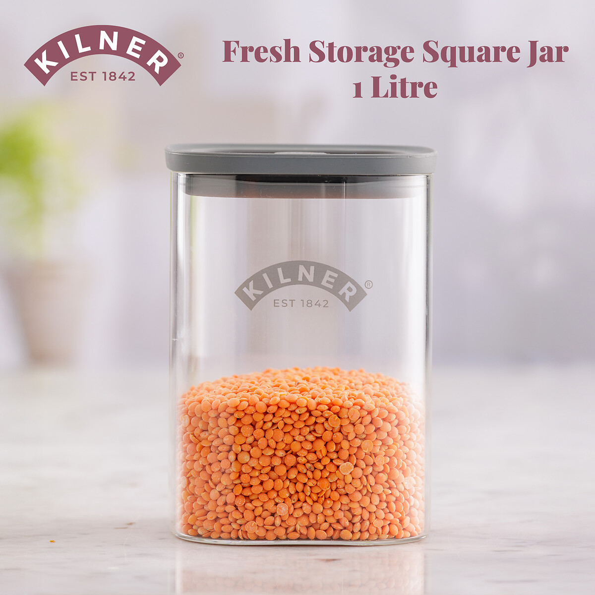 Set of 2 Fresh Storage 1L Square Jars transparent, KILNER