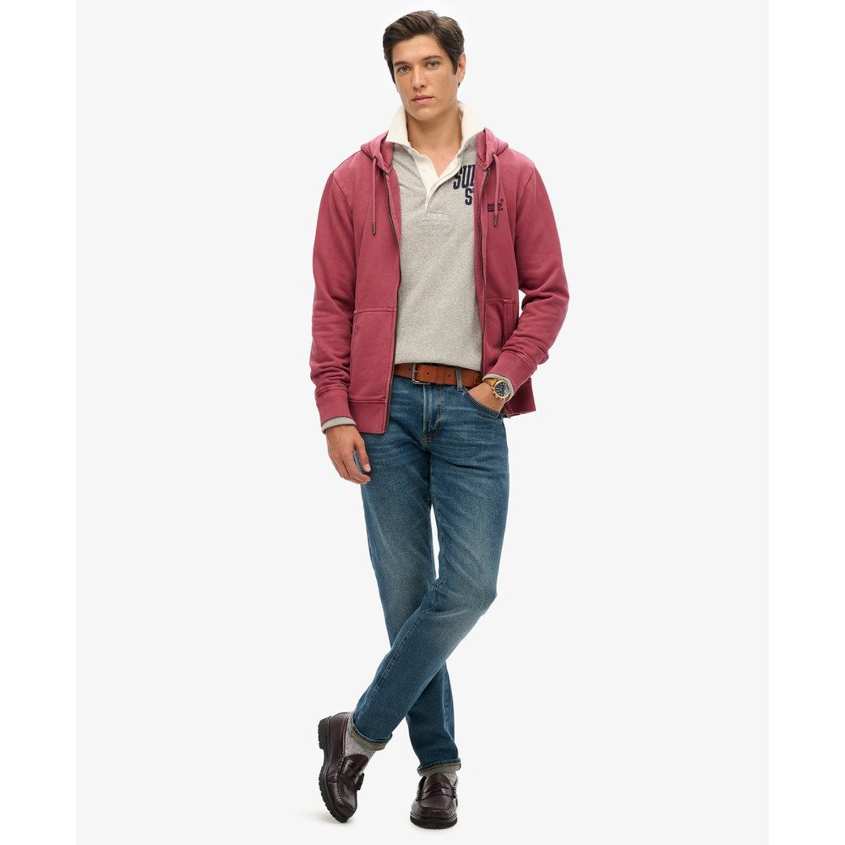Sweat à capuche délavé zippé à logo Essential bordeaux intense délavé, SUPERDRY
