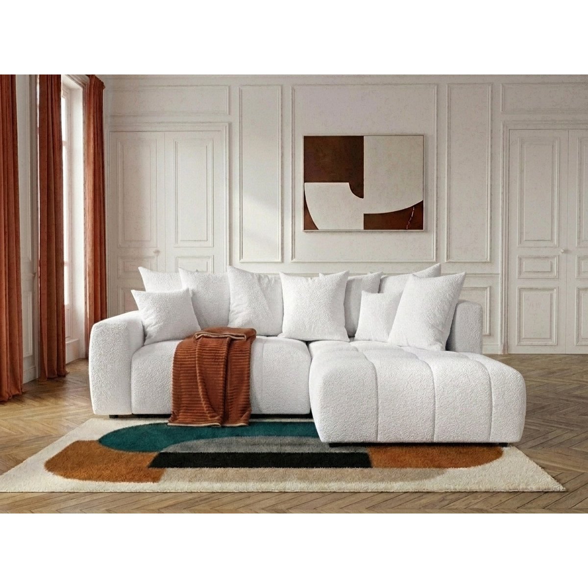 Canapé d'angle convertible 4 places en tissu bouclette, ROXELANE blanc, BOBOCHIC
