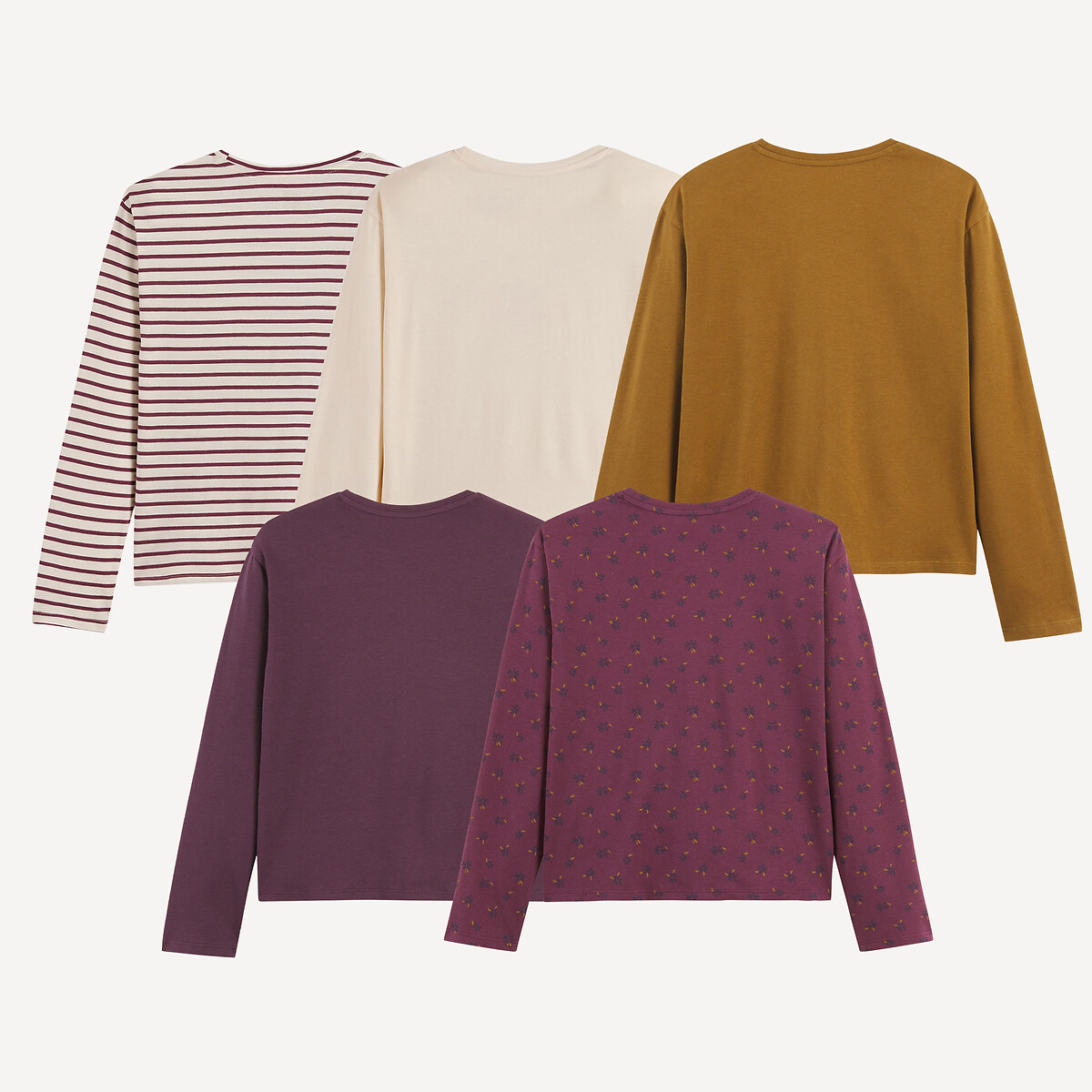 Set van 5 T-shirts met lange mouwen bedrukt bordeaux+gestreept+ecru+kaki, LA REDOUTE COLLECTIONS