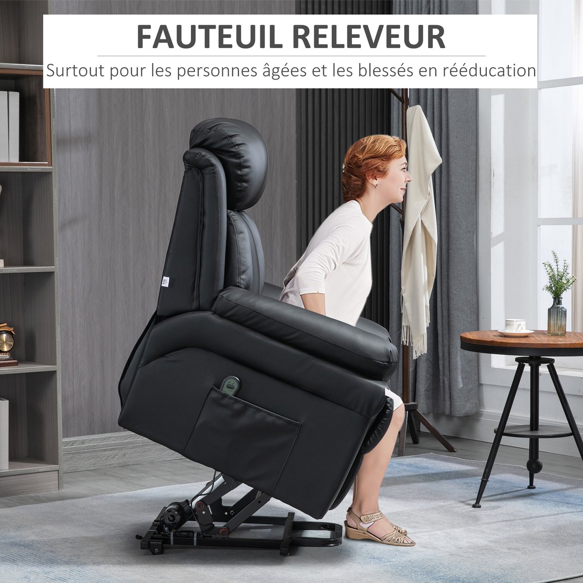 Fauteuil releveur inclinable avec repose-pied ajustable - revêtement synthétique noir, HOMCOM