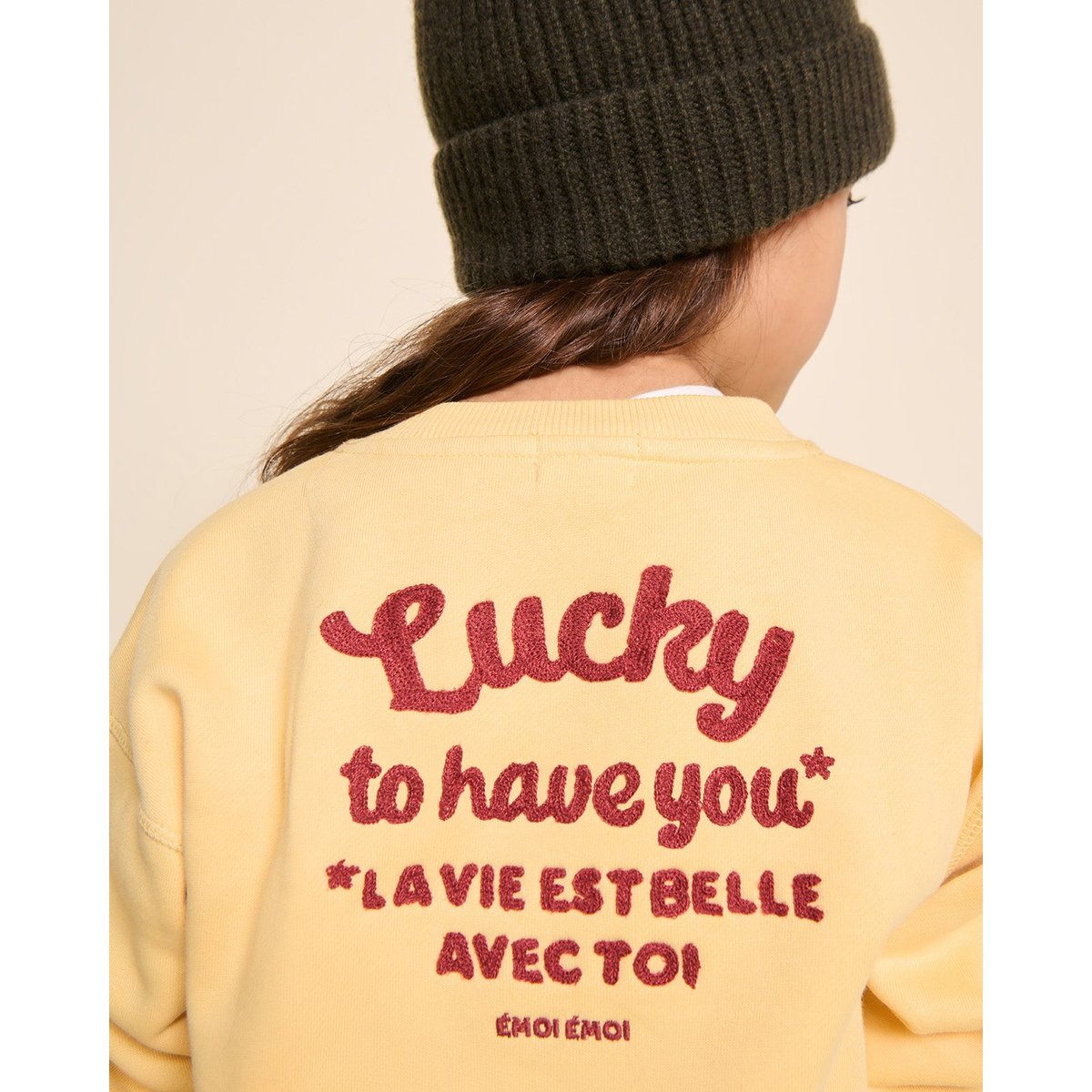 Sweat dos brodé en coton bio, LUCKY jaune - maïs, EMOI EMOI