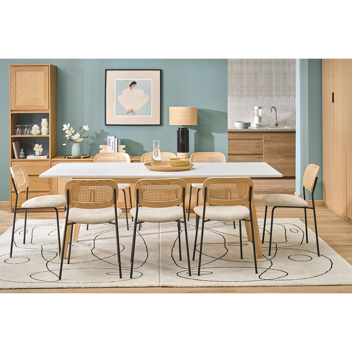 Table extensible rallonges intégrées rectangulaire blanche et bois clair L160-205 cm SWAD blanc, MILIBOO