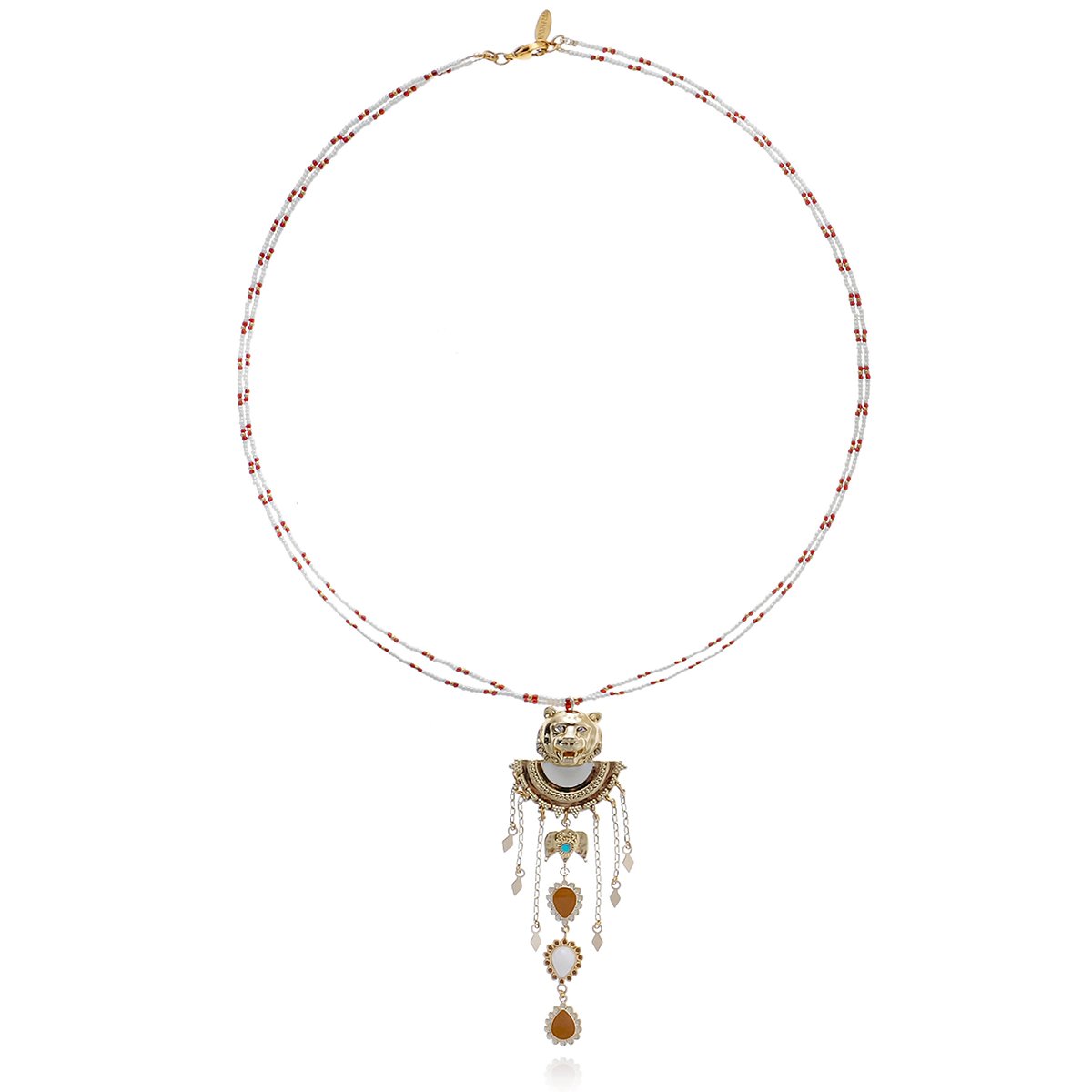 Collier perles avec pendentif tigre et pampilles ARZA blanc, HIPANEMA