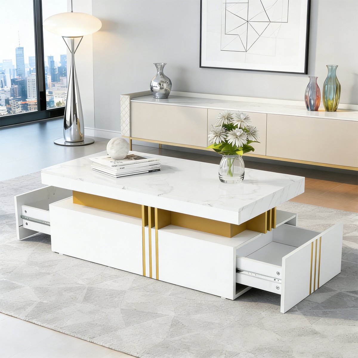 Table basse effet marbre rectangulaire tiroirs, NOVAKM white, MEUBLES COSY