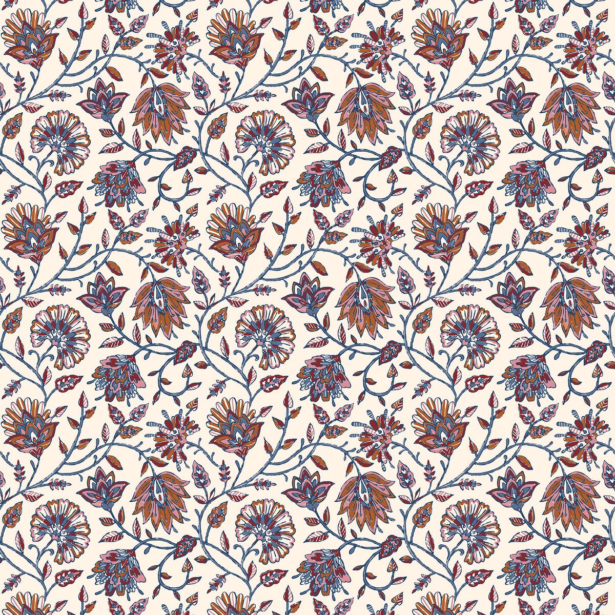 Papier peint fleurs indiennes bleu, corail, rose, JOULES