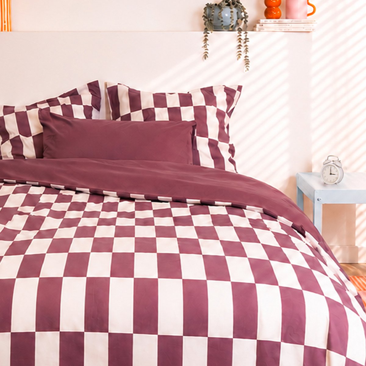 Parure de lit imprimée en percale de coton bio, taies carrées, LE DAMIER violet, A DEMAIN