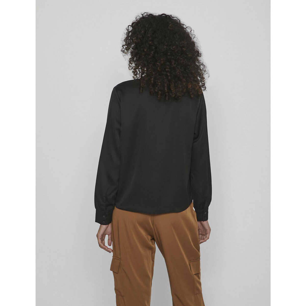 Recycled Satin V-Neck Blouse with Long Sleeves black, VILA
