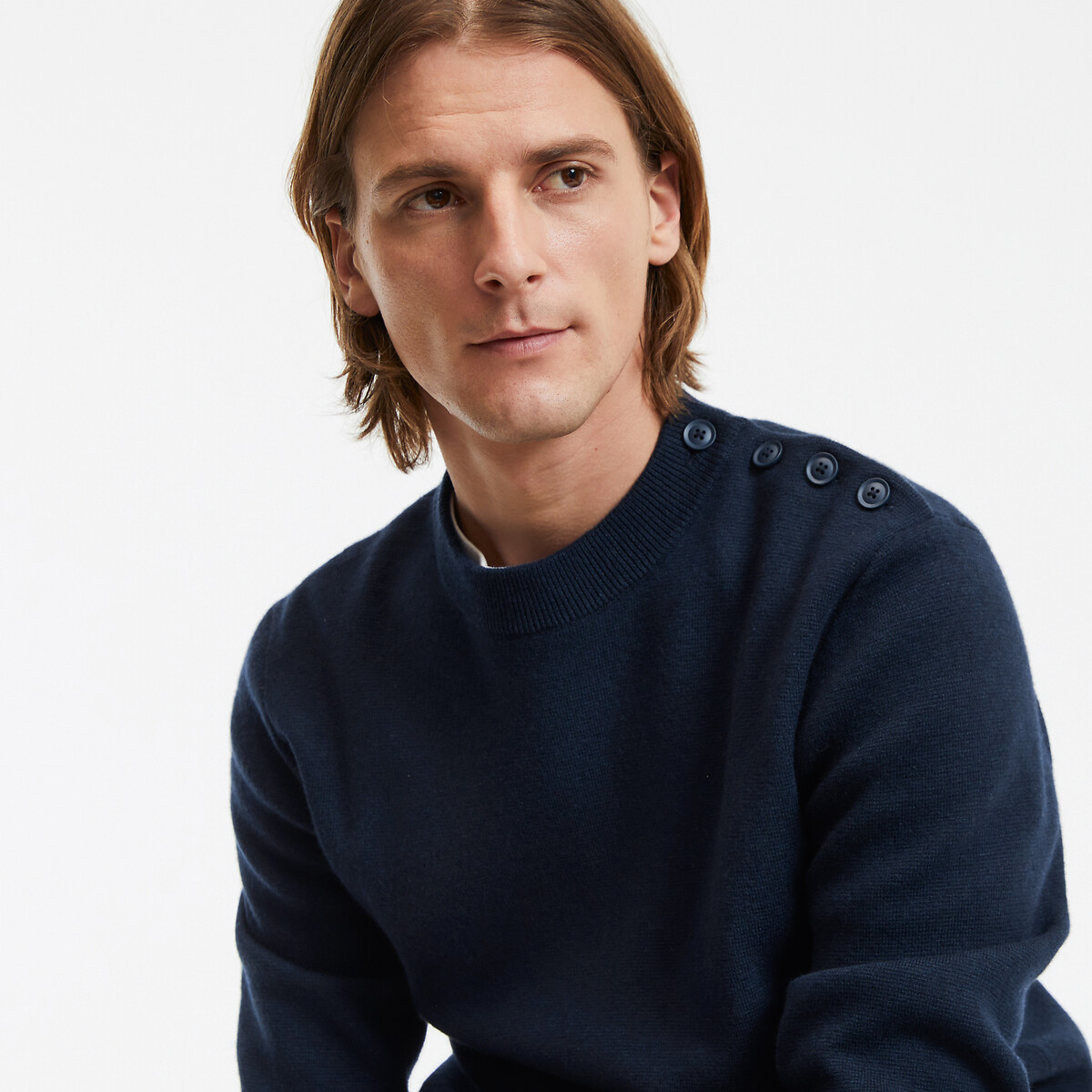 Fine Knit Buttoned Jumper with Crew Neck navy blue, LA REDOUTE COLLECTIONS