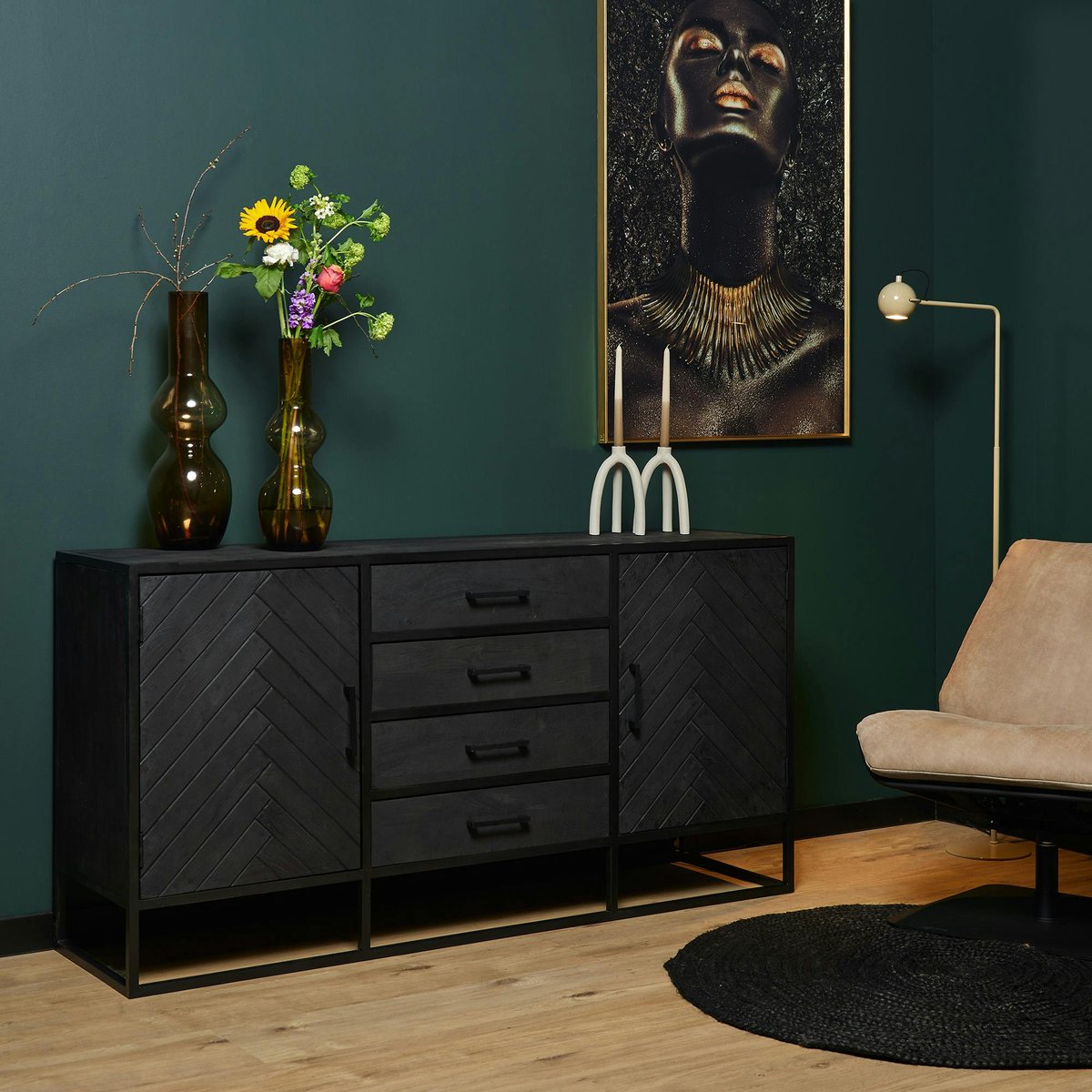 Buffet noir en bois 2 portes motif chevron 165 cm ALVERA noir, PIER IMPORT