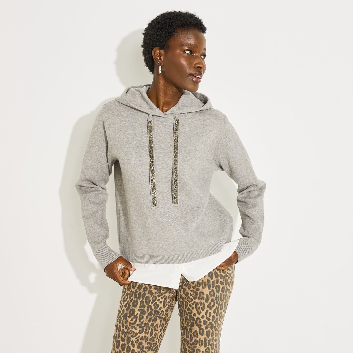 Pull bi matière à capuche gris, GRAIN DE MALICE