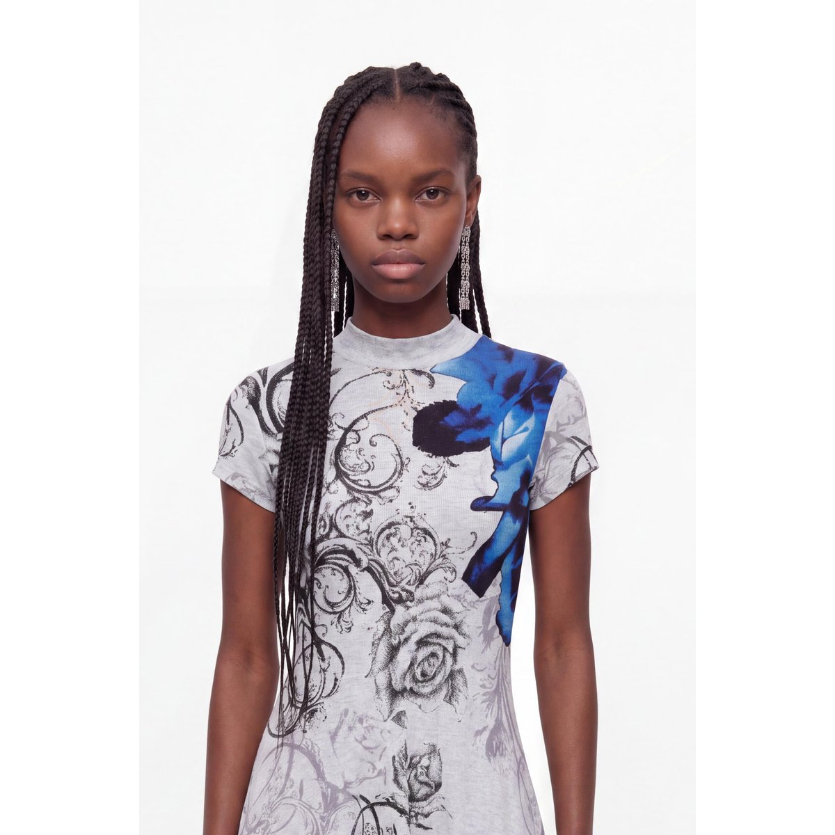 robe midi à encolure américaine imprimée gris, DESIGUAL