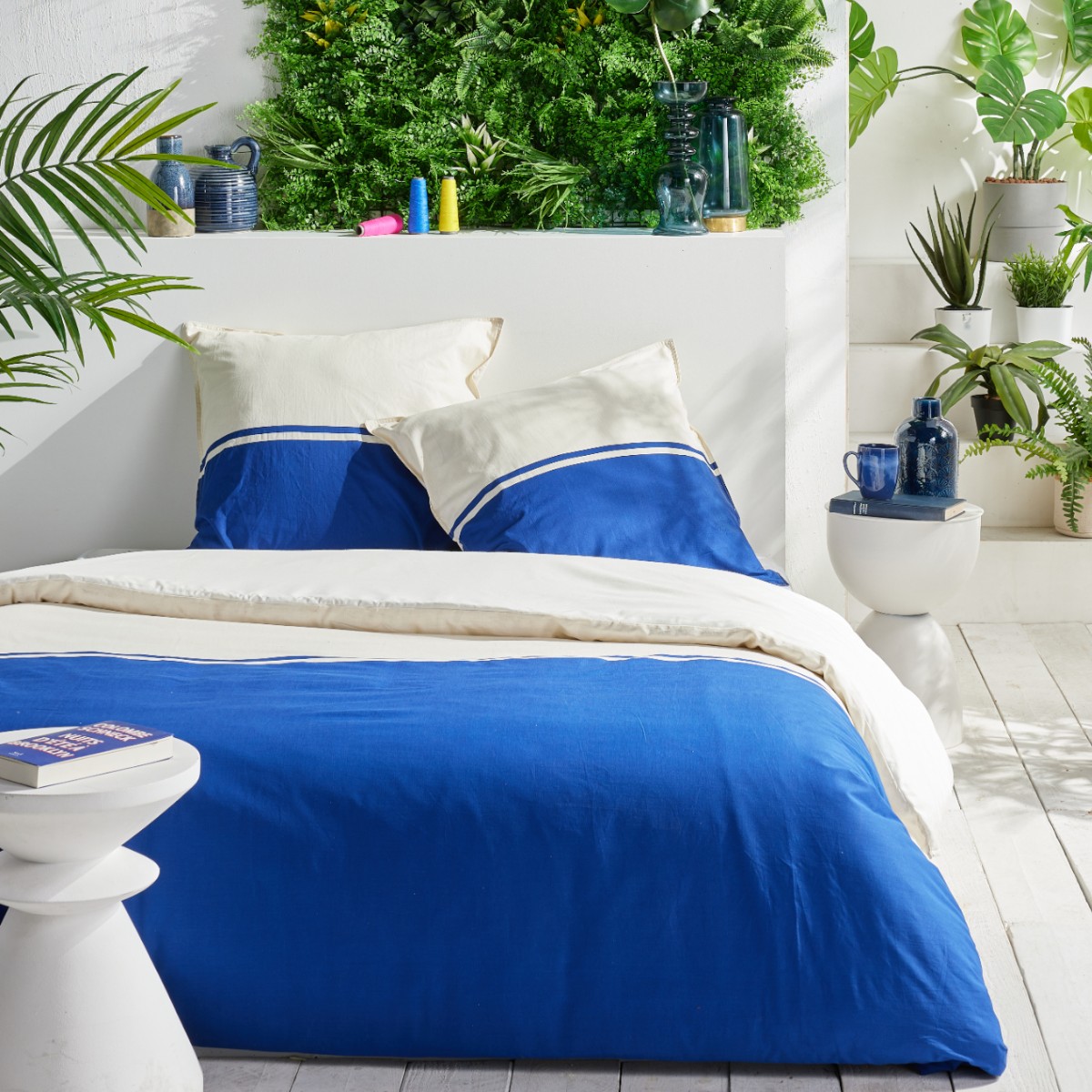 Parure de lit bicolore coton SUMMER bleu, TODAY