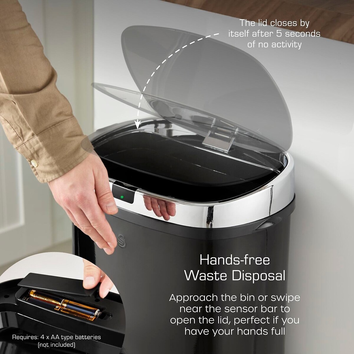 50L Square Sensor Bin black, SWAN