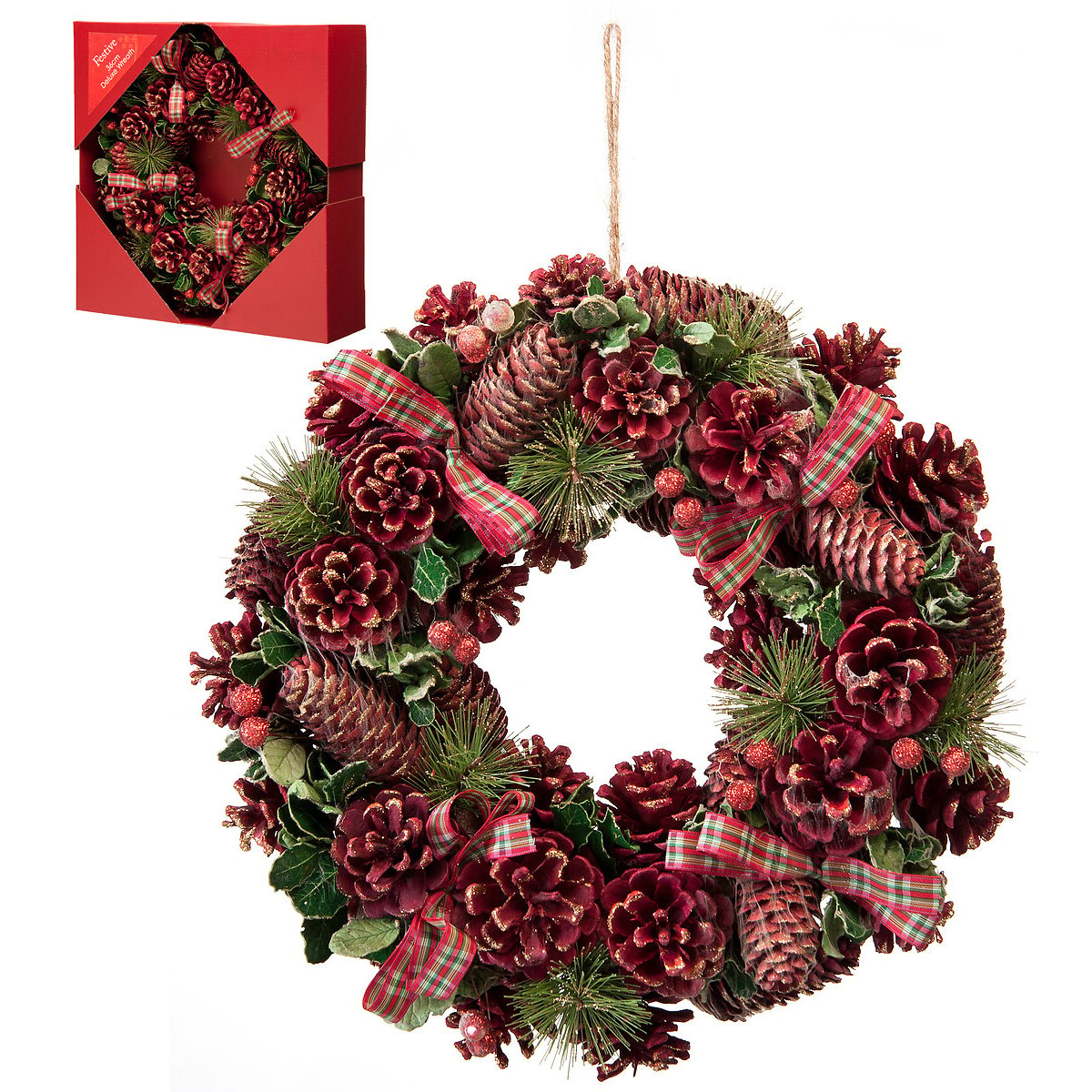 36cm Heritage Noel Red Pinecone Wreath red, SO'HOME