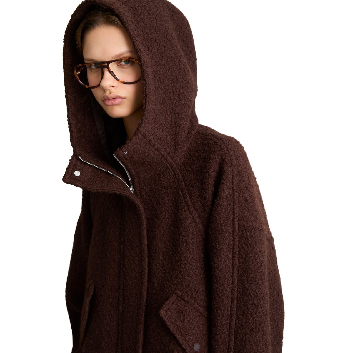 Veste à capuche bouclée, coupe regular en mélange de laine de grande qualité marron, MARC O’POLO DENIM