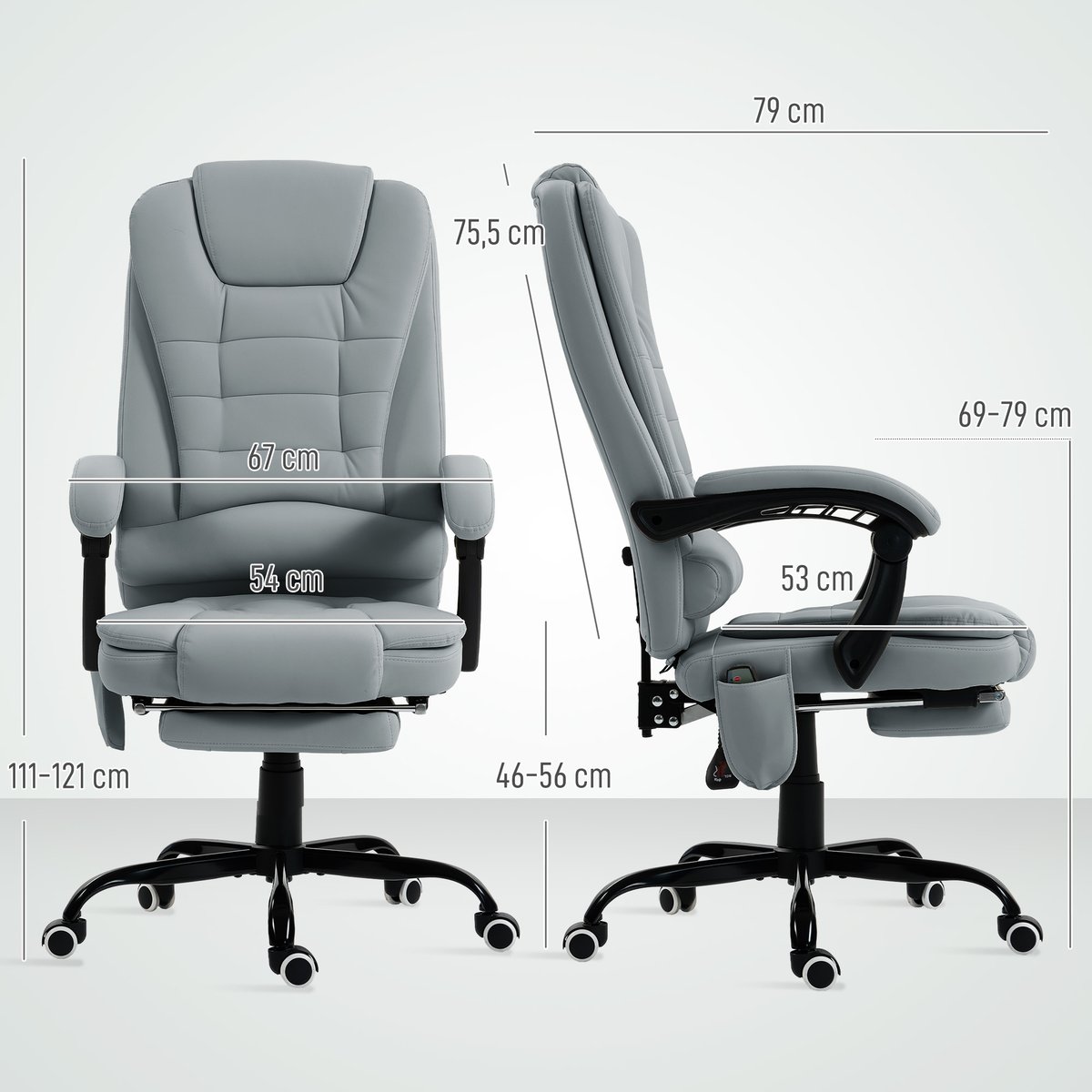 Fauteuil de bureau avec fonction massage gris, HOMCOM