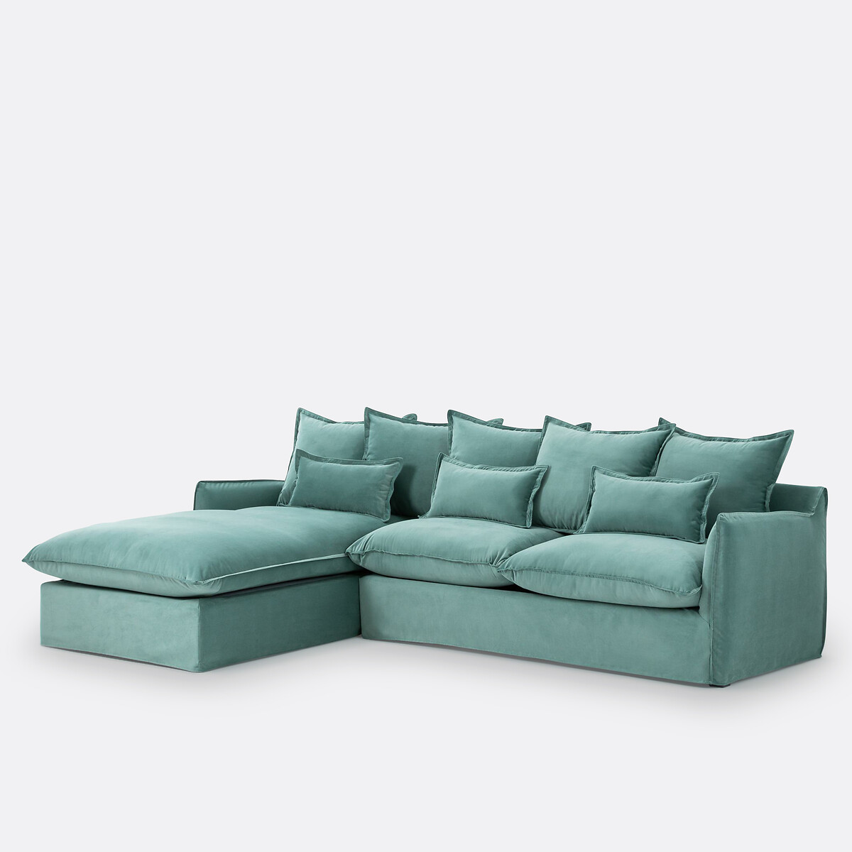 Canapé d'angle gauche convertible, déhoussable, 4 places, en velours, ODNA bleu céladon, LA REDOUTE INTERIEURS