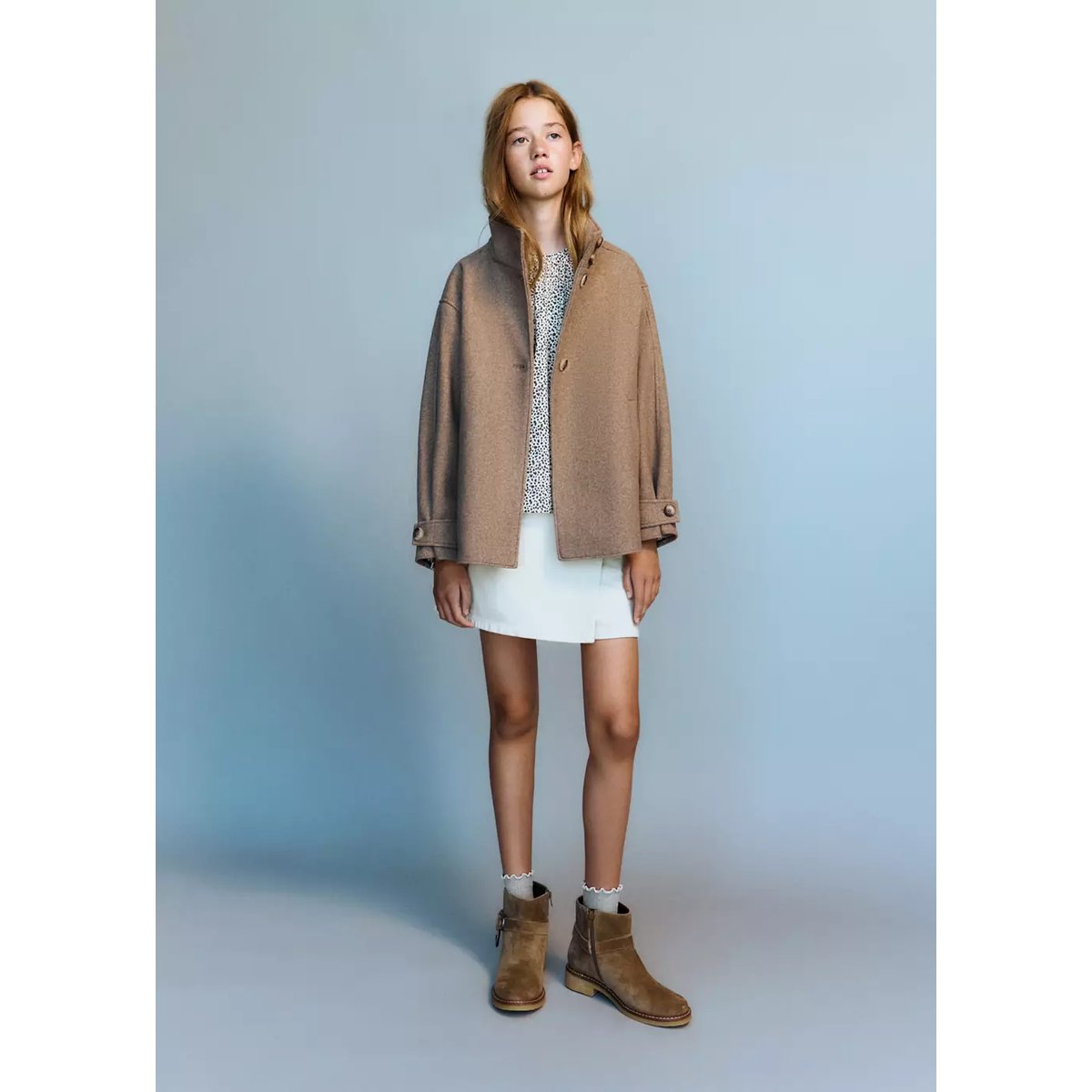 Manteau en drap à col cheminée marron moyen, MANGO KIDS